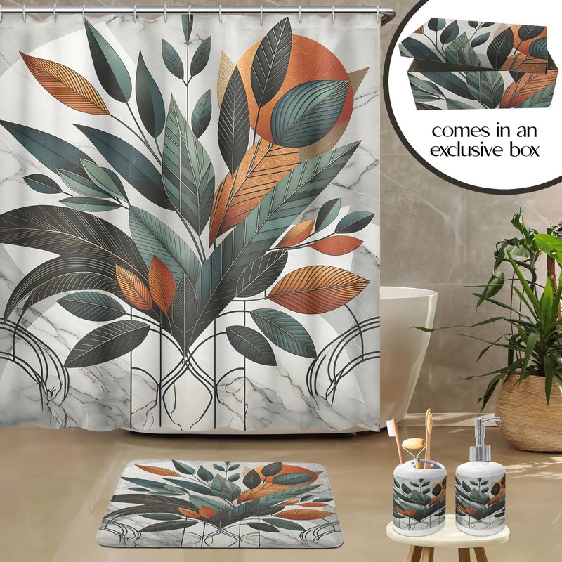Ambesonne Boho Bathroom Decor Set 4 Pcs, Shower Curtain Bath Mat Soap Dispenser Toothbrush Holder in a Gift Box Essentials and Accessories, Mid Century Exotic Leaf, Orange Laurel Green Grey