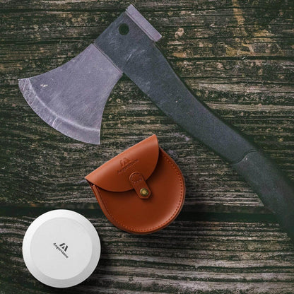 Angerstone Axe Sharpener - Multipurpose Axe/Hatchet Sharpening Stone - Whetstone Blade & Tool Sharpener, Dual Grit 180/320 Sharpening Puck with Leather Sheath