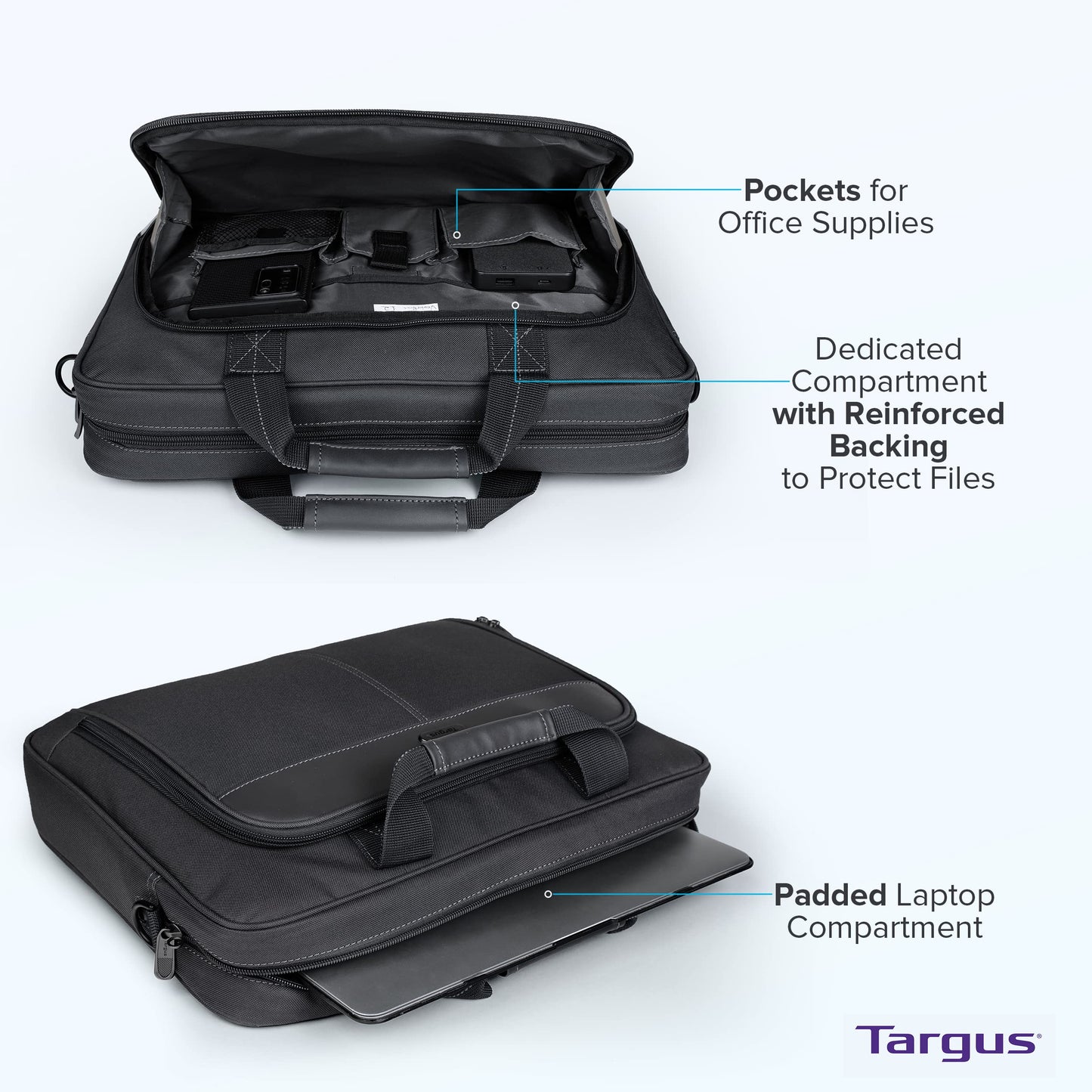 Targus 15-16 Inch Classic Slim Laptop Bag, Black - Ergonomic Briefcase and Messenger Bag - Spacious Foam Padded Laptop Bag for 16" Laptops and Under (TCT027US)