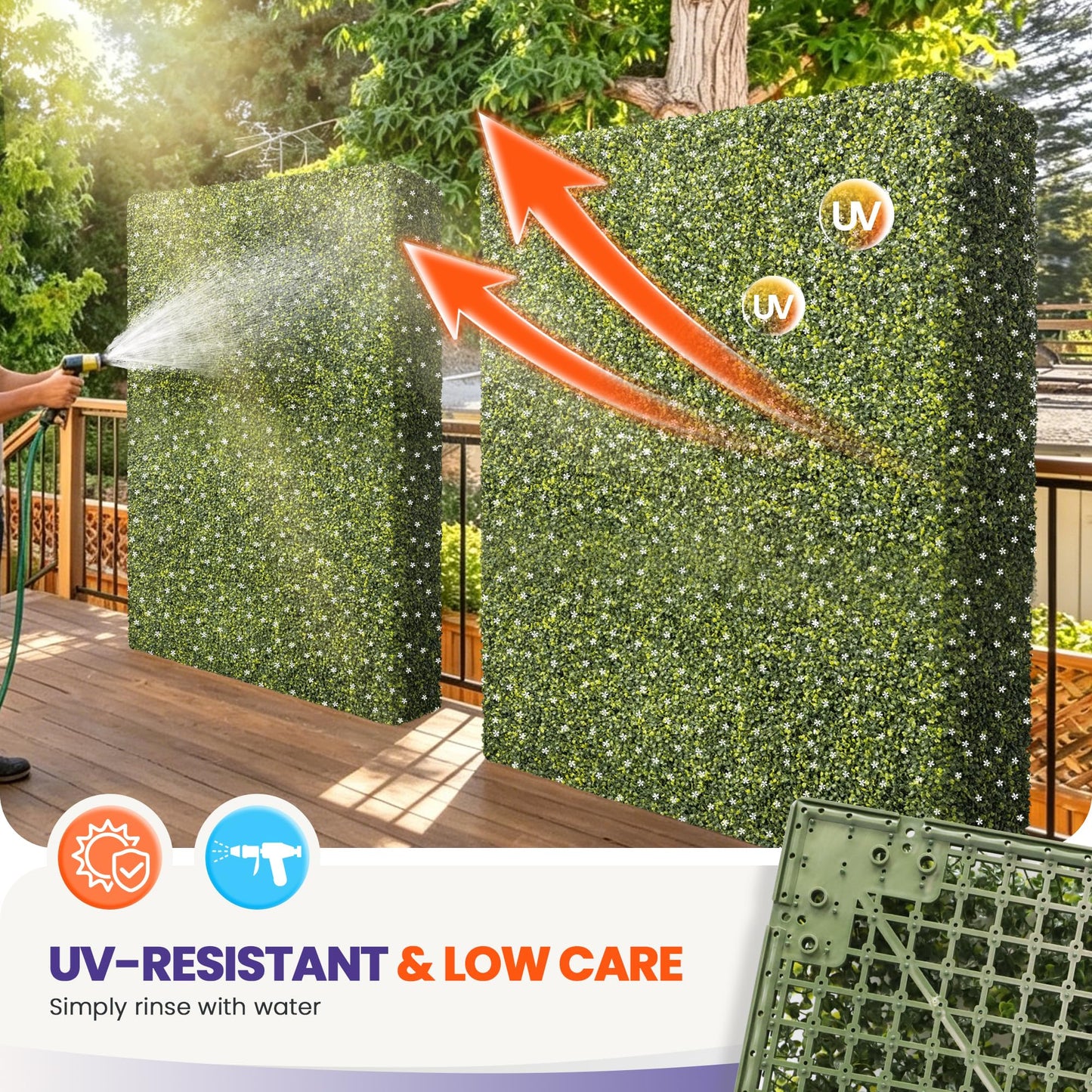 PATIOBREEZE 54" Wx54 Hx6 D Artificial Boxwood Hedge Wall with White Flowers, Greenery Privacy Screen Faux Grass Backdrop Room Divider for Indoor Outdoor Office Patio Garden Party Decoration