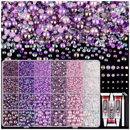 14000PCS Flatback Pearls and Rhinestones for Bedazzling Kit, Purple 3-10mm Resin Rhinestones and Half Pearls for Crafting, Nail Art Dec with 3pcs B7000 Jewelry Glue