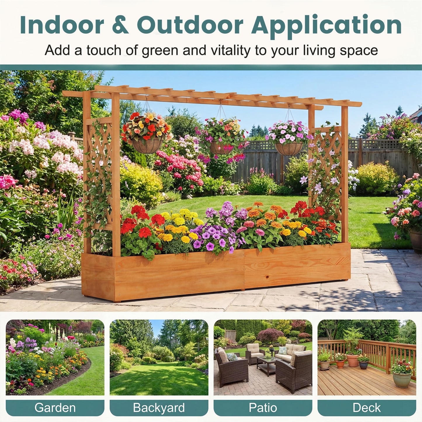 HAPPYGRILL Raised Garden Bed with Trellis, 2 Pack Freestanding Wood Planter Box w/Hanging Roof & 8 Drainage Holes for Vine Climbing Plants Flowers, Outdoor Planter with Trellis for Garden Patio Yard