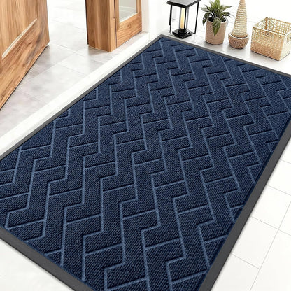 OLANLY Waterproof Front Door Mat - All-Season, Sturdy Natural Rubber, Easy Clean Herringbone Design (Blue, 47x32)