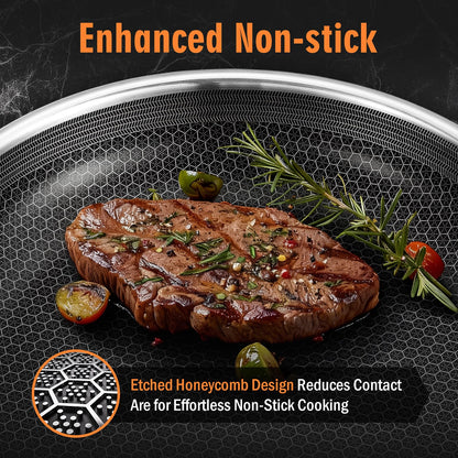 AOSION Nonstick Frying Pans Set,Hybrid Skillets Set with Lid(8+10+9+12inch), Hybrid Stainless Steel Frying Pans Set of 3 for Cooking,PFAS/PFOA Free Cookware Sets,Induction Compatible.