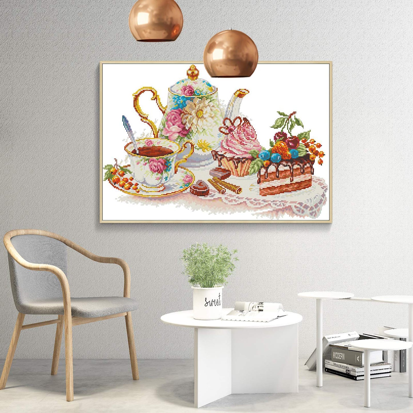 Cross Stitch Kits Stamped Full Range of Embroidery Starter Kits for Beginners DIY 14CT Easy Patterns Embroidery for Girls Crafts-Afternoon Tea 18.9x13.8 (inch)
