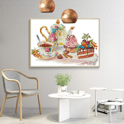 Cross Stitch Kits Stamped Full Range of Embroidery Starter Kits for Beginners DIY 14CT Easy Patterns Embroidery for Girls Crafts-Afternoon Tea 18.9x13.8 (inch)