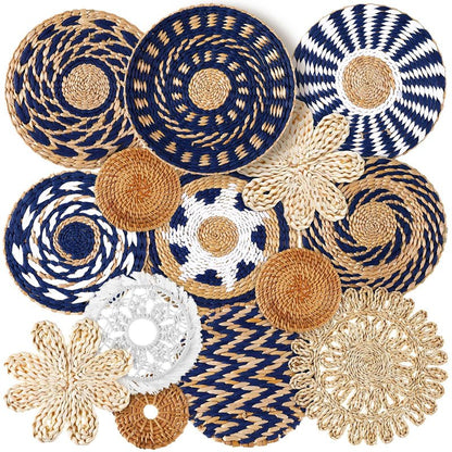 Xuhal 15 Pcs Boho Wall Basket Decor Handcrafted Seagrass Woven Wall Basket Rustic Round Woven Hanging Art for Home Farmhouse Kitchen Table Living Room(Blue Classic Style)