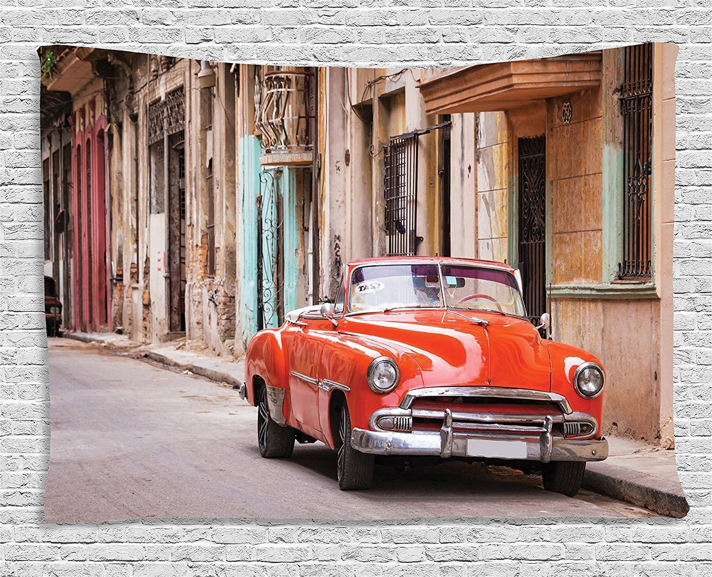 Ambesonne Cars Tapestry, Classical American Car in Street with Houses, 80" X 60", Orange Sand Brown