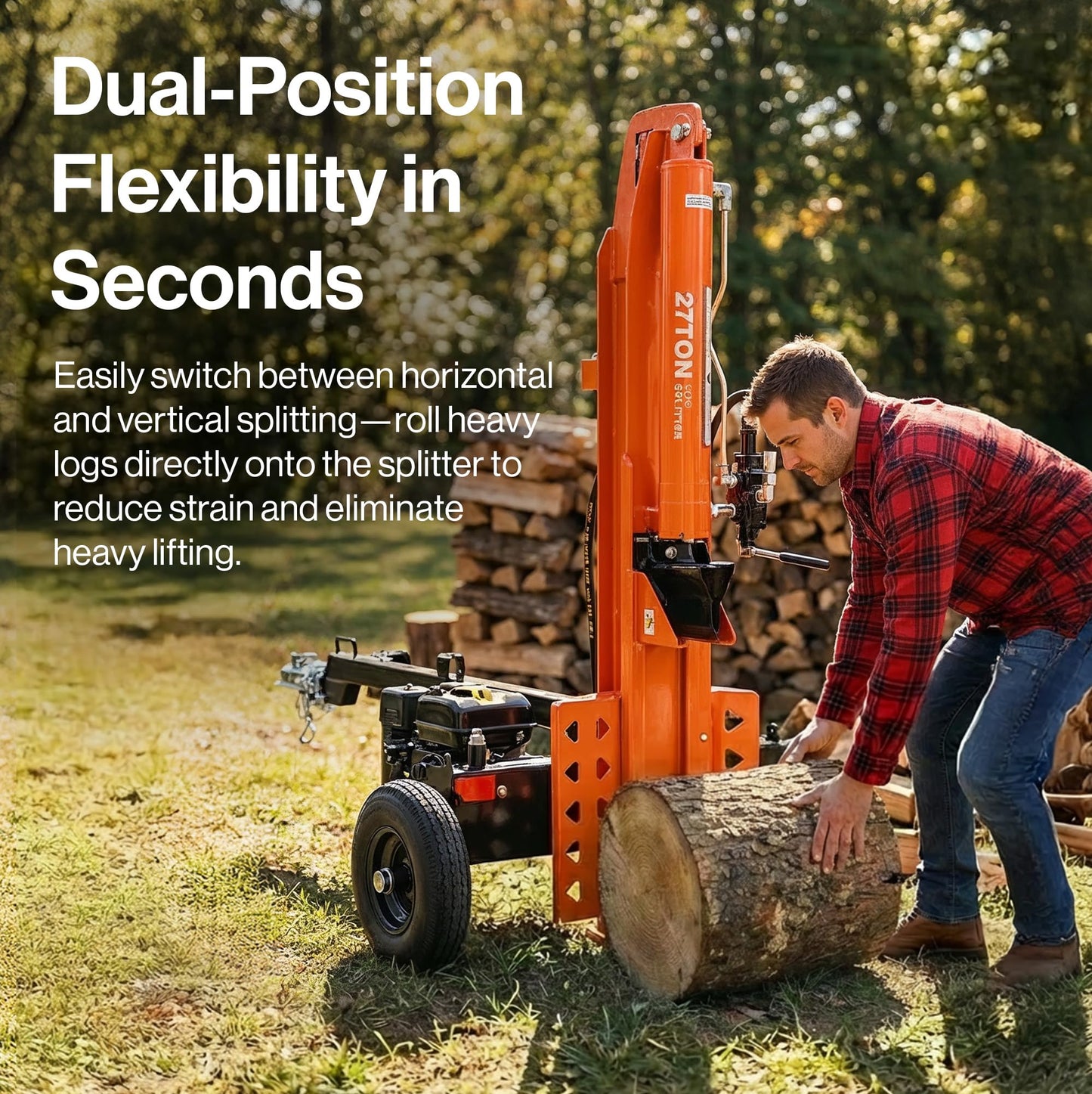 Superhandy 27Ton 223cc Gas Powered Full Beam Log Splitter w/Vertical/Horizontal Operation and Auto Return Valve, 24'' Diameter & 24'' Length Capacity, Towable with 2'' Ball Coupler
