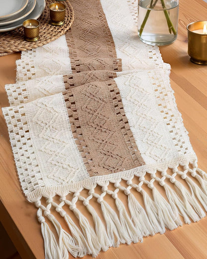 36 Inches, 12 36 Inch, Pureegg Farmhouse Boho Table Runner - Linen-Textured Woven Tassel Design for Dining Table Decor