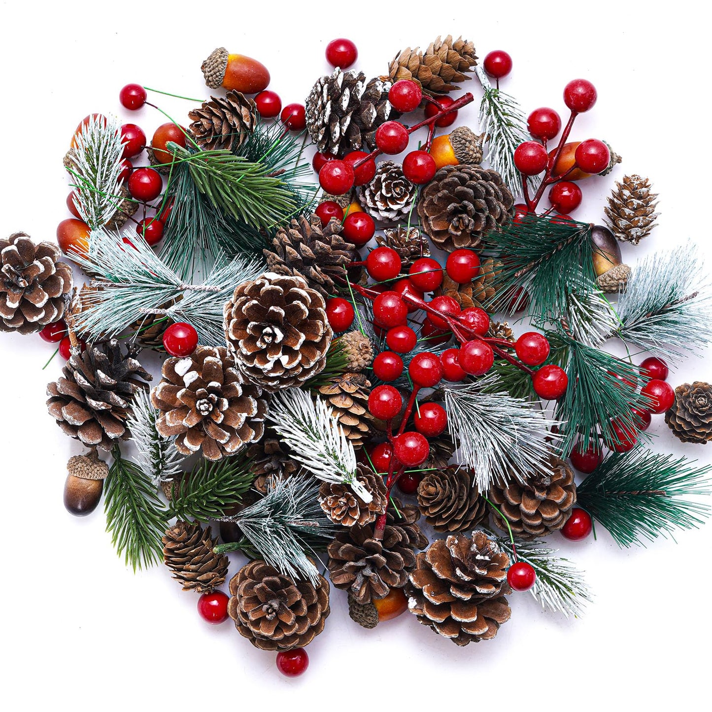 cnomg 120pcs Artificial Pine Cones Pine Branch Set Fake Natural Pinecones Acorns Red Berries Christmas Decor Ornaments for Home Winter Decorations