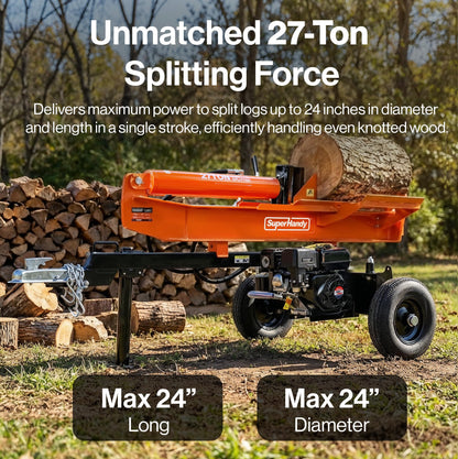 Superhandy 27Ton 223cc Gas Powered Full Beam Log Splitter w/Vertical/Horizontal Operation and Auto Return Valve, 24'' Diameter & 24'' Length Capacity, Towable with 2'' Ball Coupler