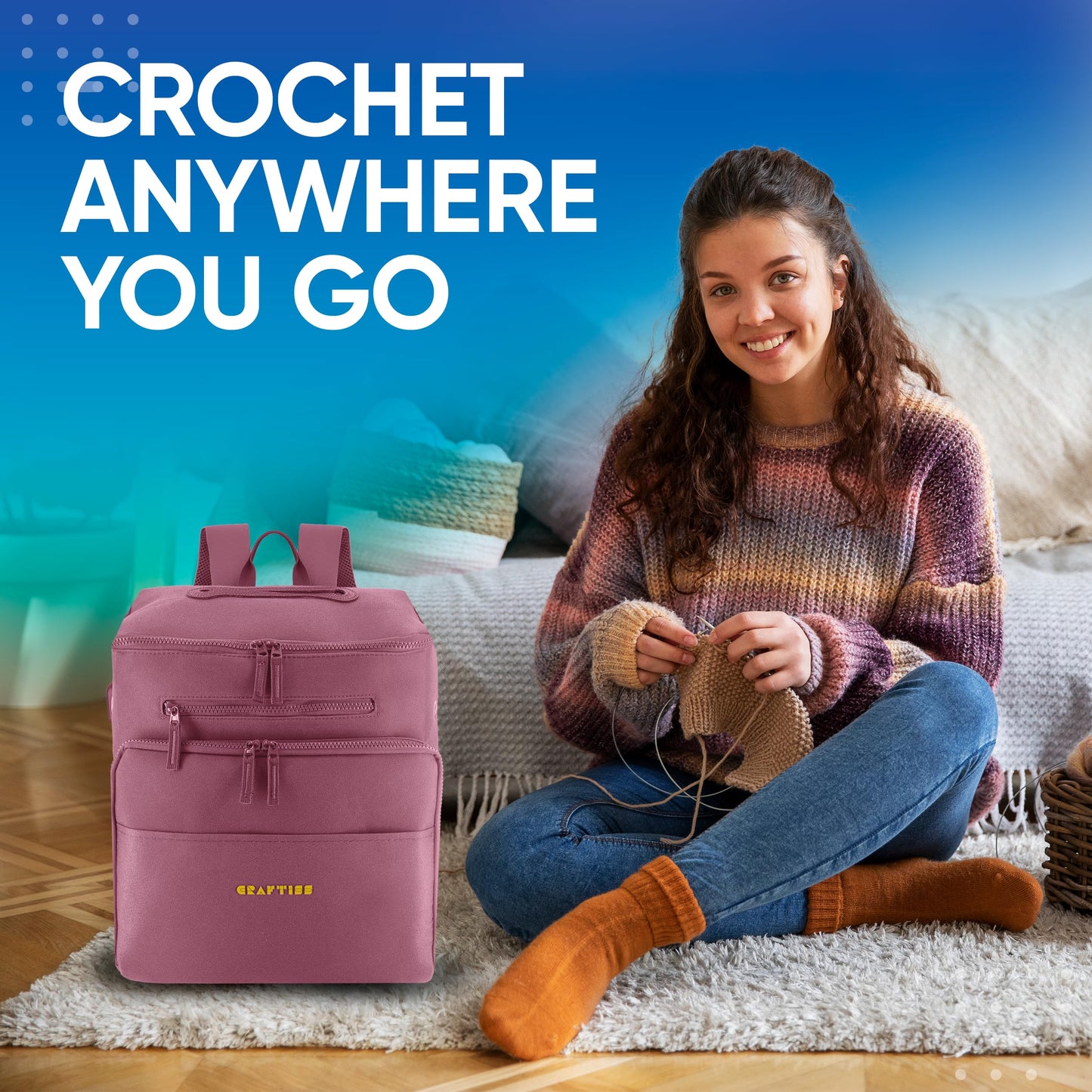 CRAFTISS Crochet Bag Yarn Storage - Valentine's Day Gift - Durable Canvas Yarn Bag for Crochet Accessories – Backpack Organizer with Knitting Accessories Pockets and USB Cable (Pink)