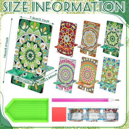 Saillong 6 Pcs Sage Green Mandala Diamond Painting Cell Phone Stand DIY Full Drill Crystal Diamond Art Phone Holder Bling Painting Art Craft Kits for Beginner Adult