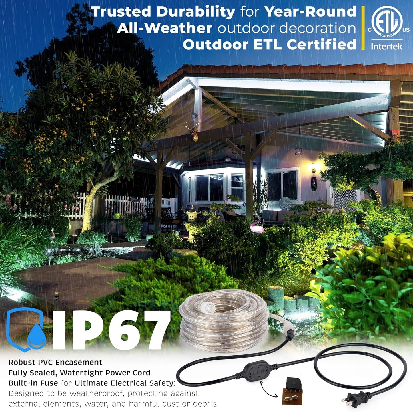 WYZworks 25ft LED Outside Rope Lights, 288 LEDs, Waterproof, Connectable, Cool White Christmas Landscape