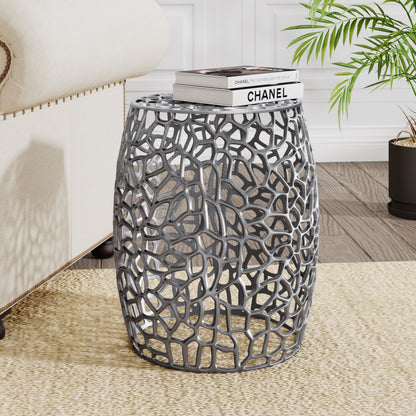 Christopher Knight Home Helast Aluminium Side Table, 14.00'' W Round Sofa Side Table, Modern Indoor Accent Table for Living Room Bedroom Home Office, Abstract Hollow, Silver