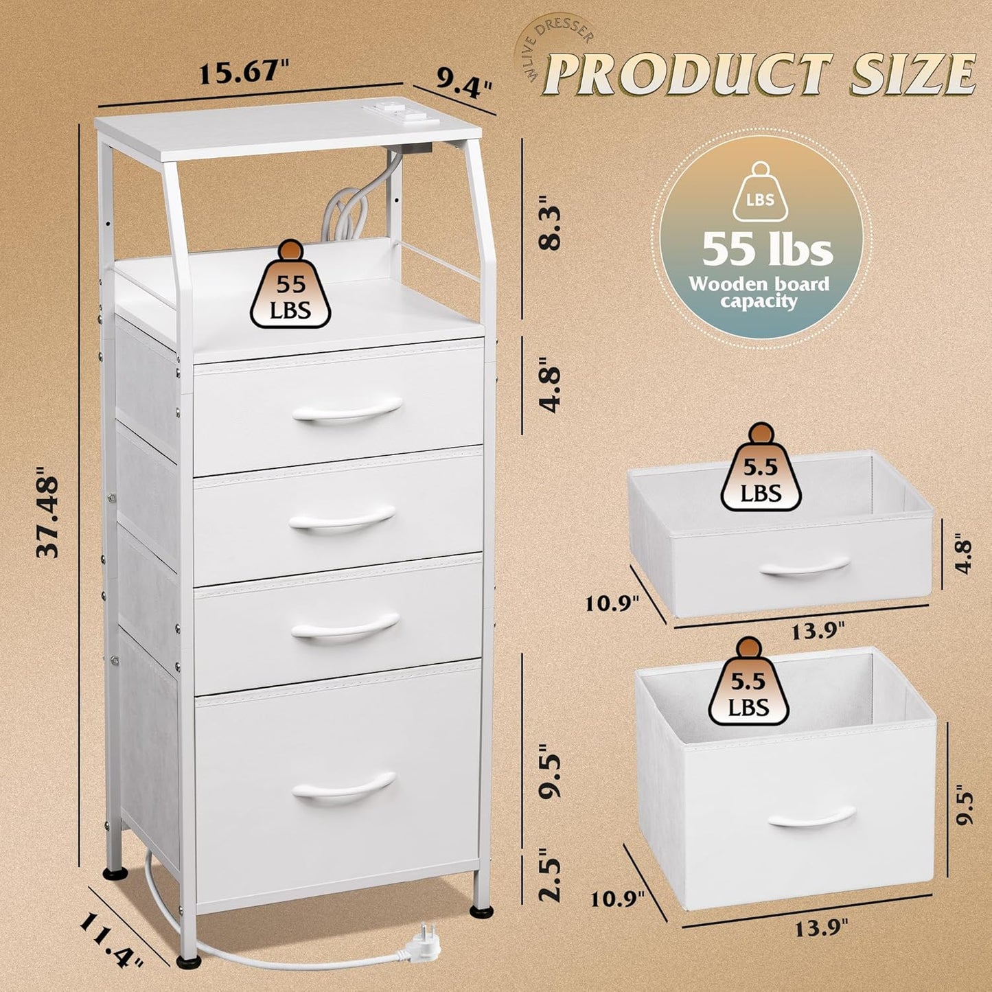4 37.48" WLIVE Night Stand with Charger Station, White Nightstand with LED Light and Storage Drawers, Tall Dresser