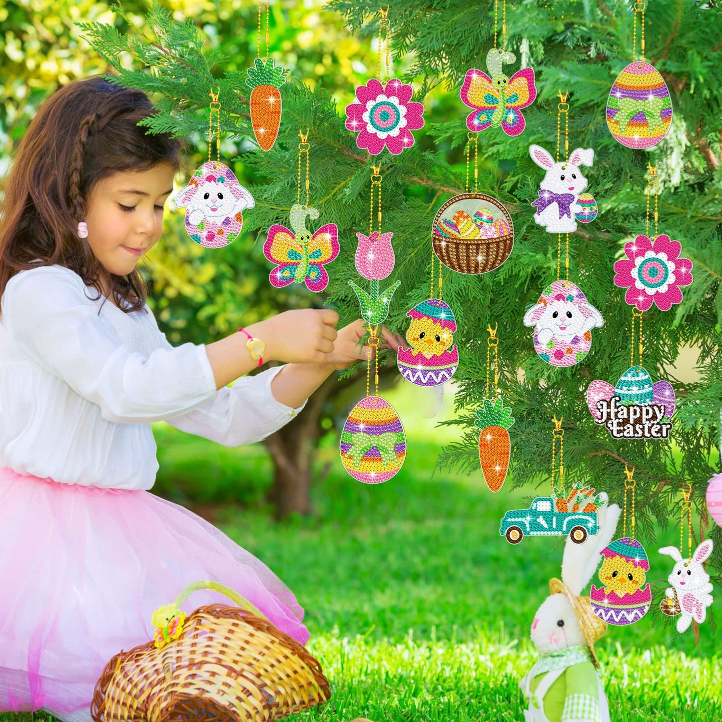 Ferraycle 12 Piece Easter Diamond Painting Kit 5d DIY Diamond Art Kits with Easter Egg Bunny Carrot Hanging Ornaments for Spring Crafts Family Decor