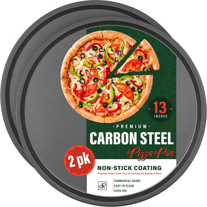 DecorRack 13 Inch Carbon Steel Pizza Pan, [Premium] Non-Stick Coating, Commercial Grade, Serving Tray, Heavy Duty Round Baking Tray for Oven Use (2 Pack)