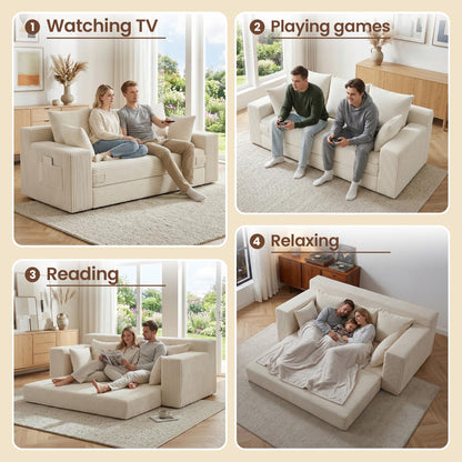 JUIKURY Boneless Couches 70 inch: 3-in-1 Convertible Sofa Bed Futon Couch Bed, Oversized Loveseat Sleeper Sofa with 5 Pillows, Beige Couch for Living Room, Bedroom & Small Space