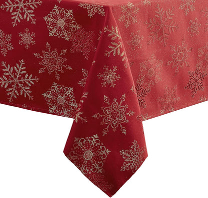 Newbridge Fancy Metallic Snowflake Christmas Tablecloth - 70 Inch Round, Red Gold, No-Iron Soil Resistant Holiday Cover