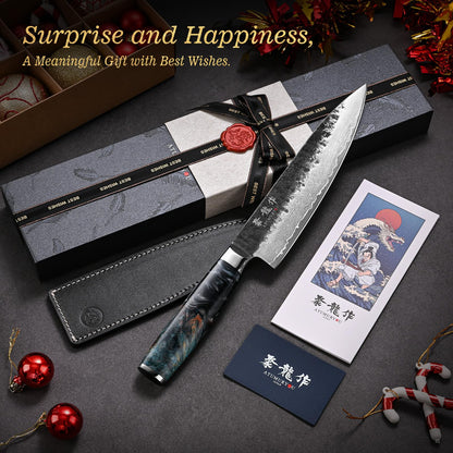 Japanese Chef Knife 8", Hand Forged 67-Layer Damascus VG10 Core Kitchen Knife for Home & Professional Chefs, Razor Sharp Chef's Knives with Leather Sheath, Premium Father Day Gift for Dad Husband