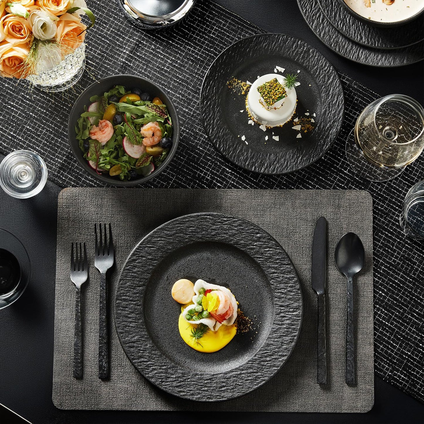 KINGSTONE Black Dinnerware Sets, 24-Piece Matte Marble Pattern Premium Porcelain, Place Setting with Dinner Plate, Salad Plate, Pasta Bowl, Microwave and Dishwasher Safe