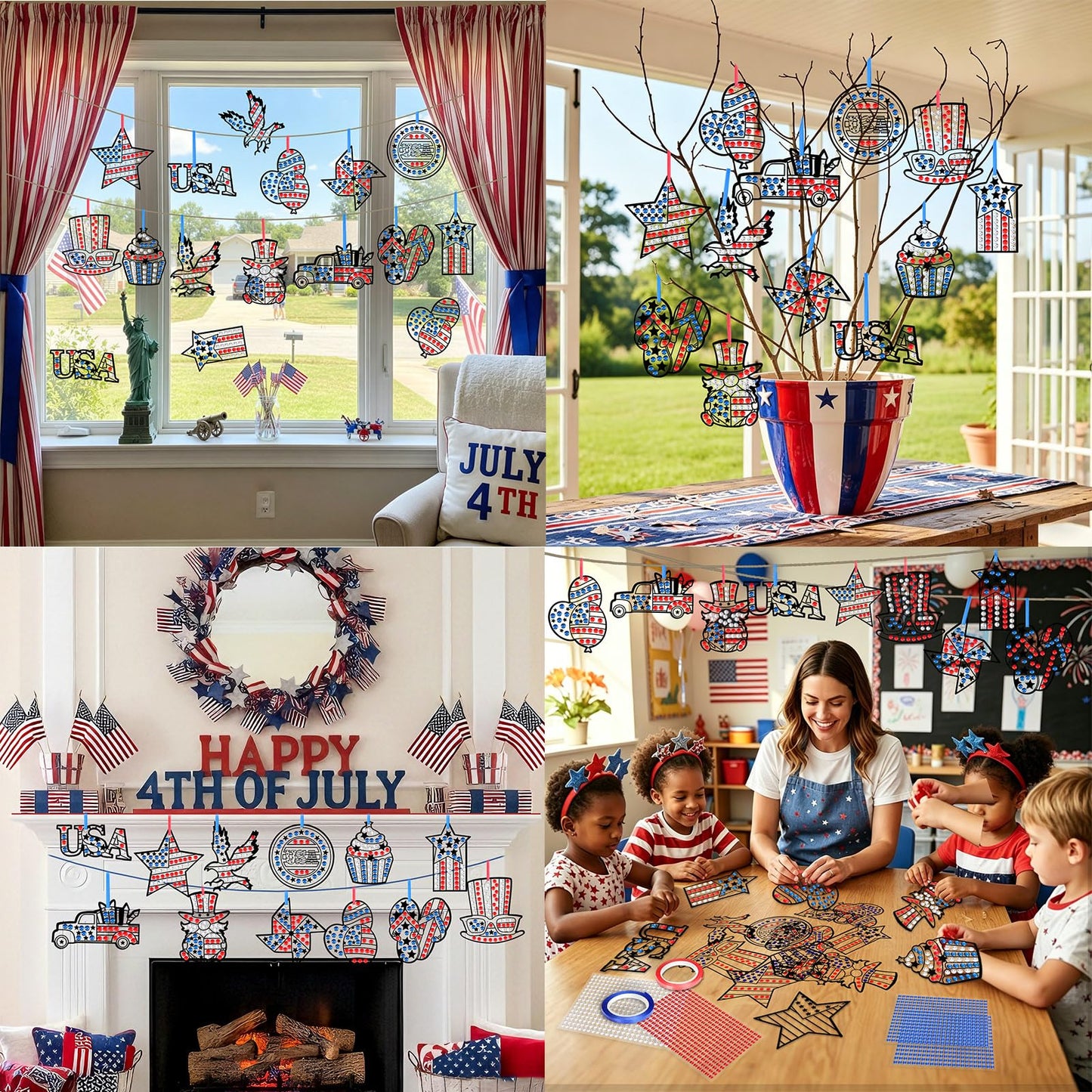 DoubleFill 48 Pcs 4th of July Art Crafts Patriotic Diamond Art DIY Red White and Blue Diamond Suncatcher Ornament for Independence Day American Holiday Memorial Day Gift Party Favors