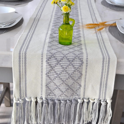 14x72 Inches Grey Table Runner with Tassel Gray & Cream Checks Geometric Design , Woven Washable Heavy Dresser Scarf