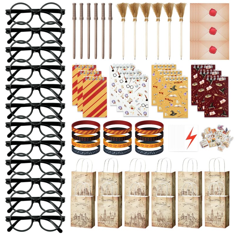 HandTool 100pcs Wizard Party Favors, Birthday Party Supplies Including Wizard Glasses, Wand Pencils, Lightning Tattoos, Envelope card, Magic Birthday Decorations Gifts Classroom Rewards for Kids