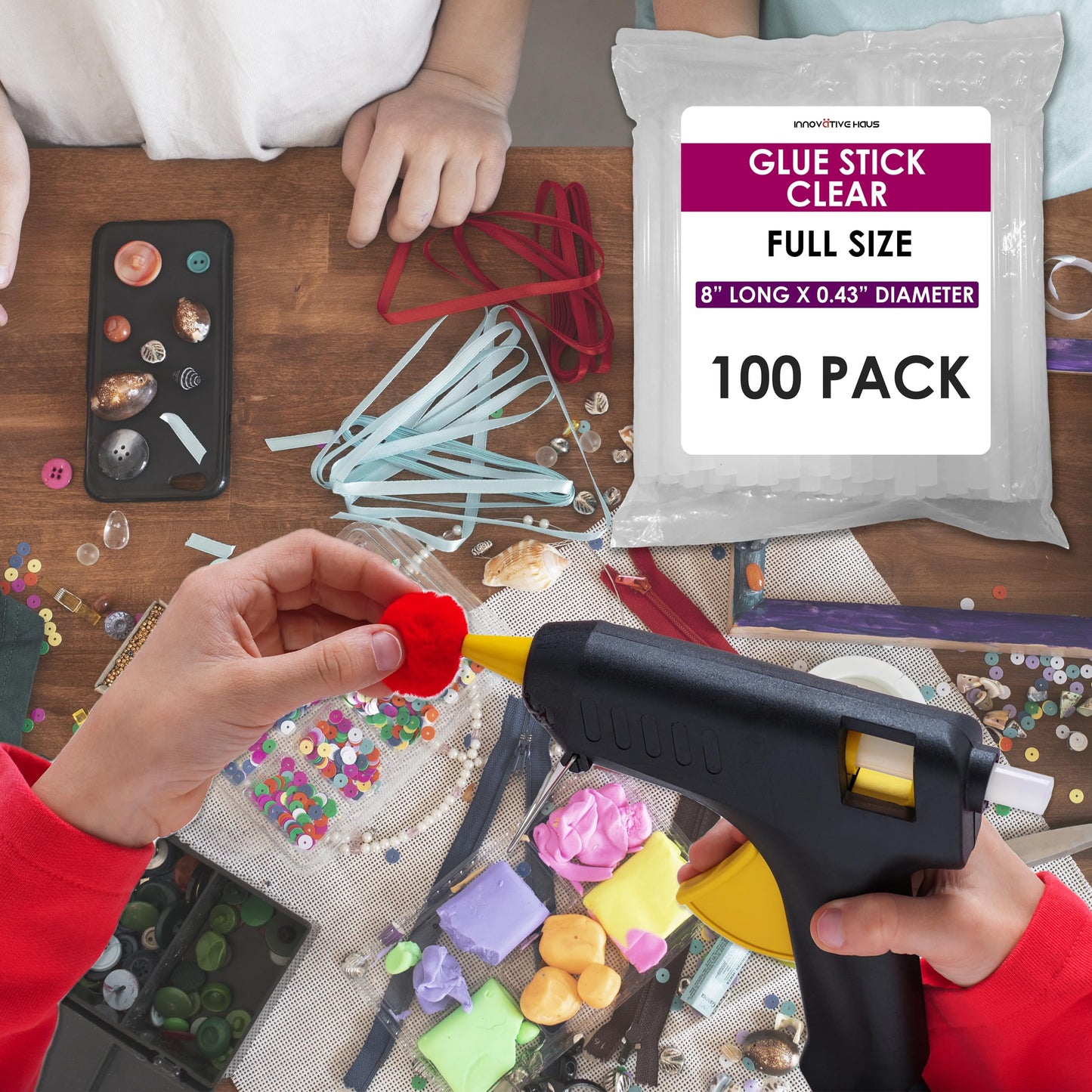 Innovative Haus Full Size Hot Glue Sticks Bulk 100 Pack - Fits Full Size Glue Guns, 8" x 0.43" - Craft, Bond, Create on Wood, Metal, Glass and More - Clear Large Stick