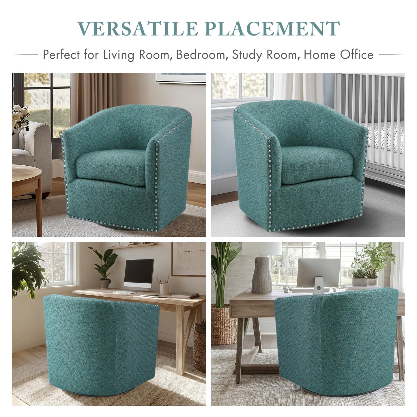 Madison Park Swivel Barrel Accent Chair, Upholstered Curved Back with 7-Inch Thick Woven Cushion, 360° Swivel, Nailhead Trim, Comfy Chair for Living Room, Bedroom, Office, 28" Wide, Teal, Tyler