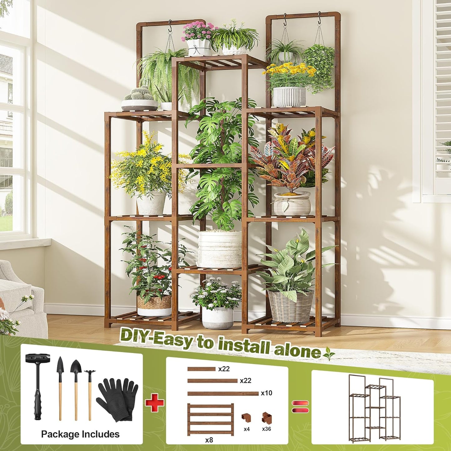 10-12 34.2 Wx47.6 Hx11.78 EnHomee Plant Stand Indoor Tall Plant Stand Outdoor Large Wood Plants Shelf with Pots