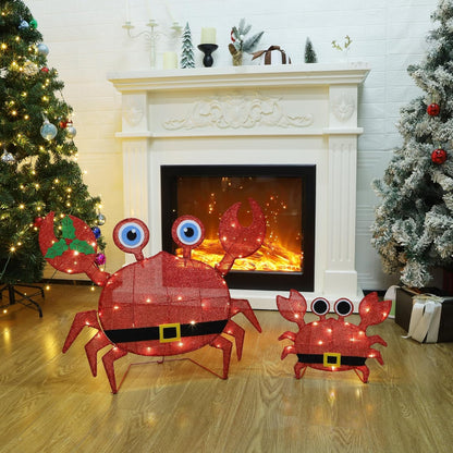 Set 2 2D Prsildan Outdoor Christmas Decorations - of LED Lighted Crab Yard Decor, Battery Operated Holiday Lawn Figures