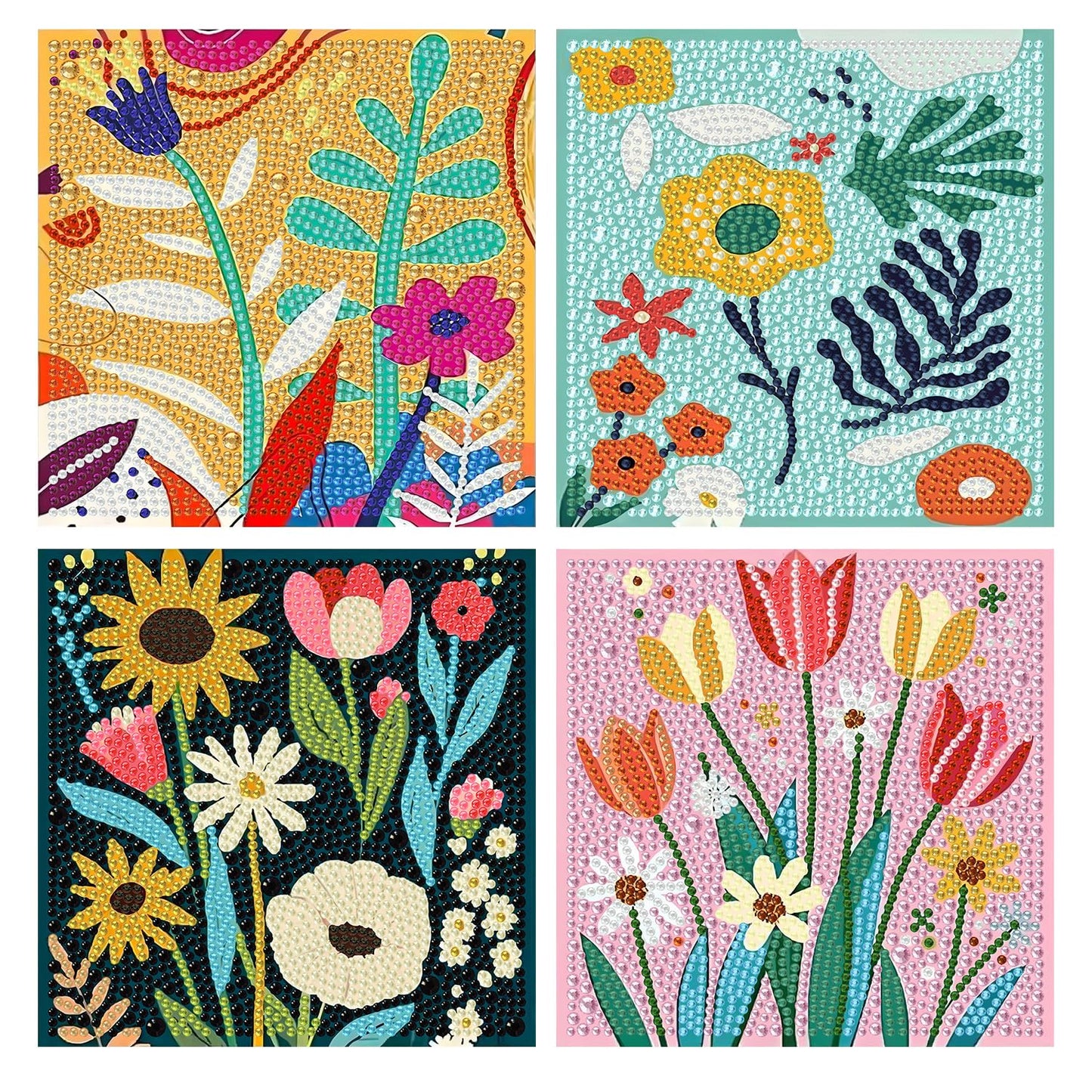 WEMEON 4 Pack Diamond Art Kits for Kids, Flower Diamond Art Painting for Kids Ages 4-8-12, Package and Home Wall Decor(6x6inch)