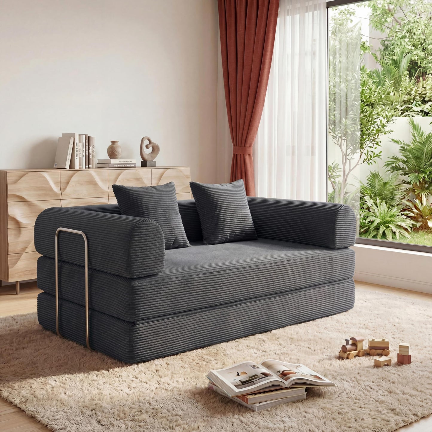 HouseMila 59" Boneless Couch,4-in-1 Futon Sofa Bed Modular Loveseat Sleeper Folding Compressed Couch with Pillows,No Assembly Required Convertible Sofa Bed for Living Room Bedroom Guest Room,Grey