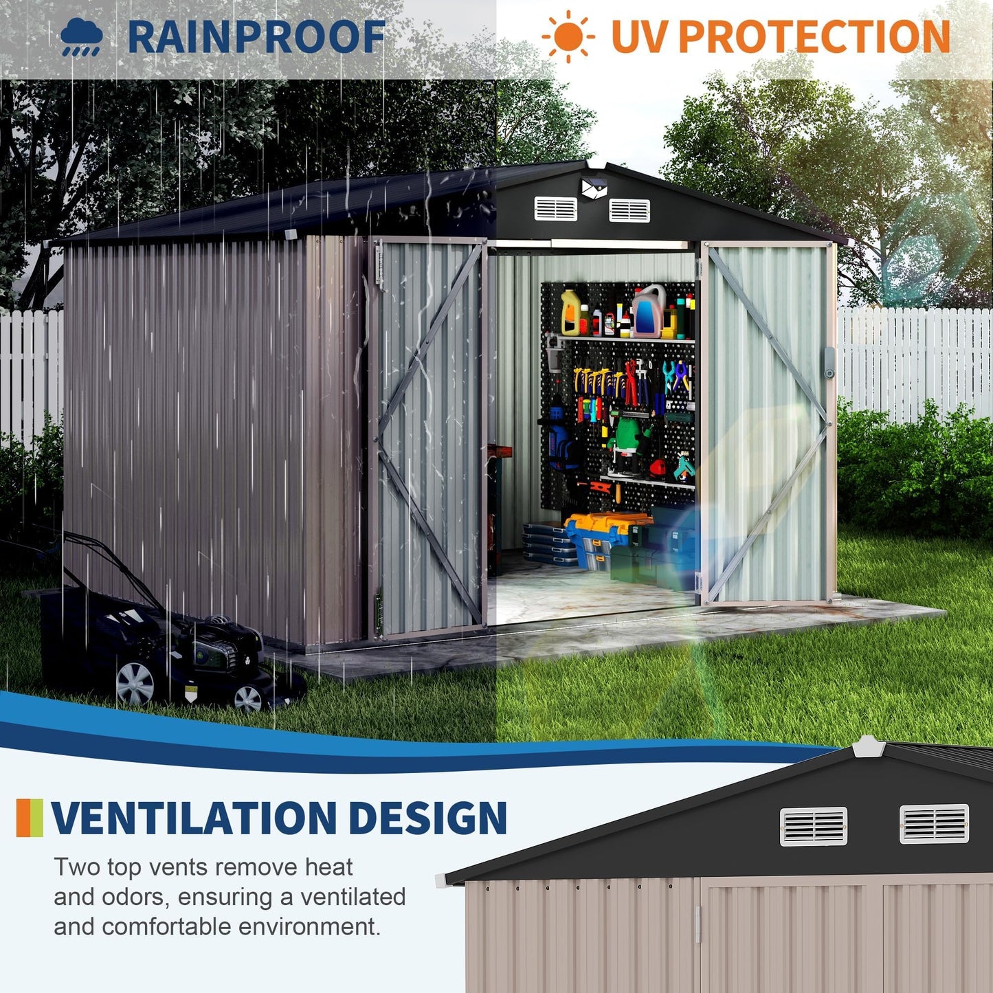8x10 FT Metal Shed Outdoor Storage Shed with Solar Light, Lockable Door, Air Vents, Utility Sheds & Outdoor Storage, Durable Outside Storage Sheds for Backyard Patio Lawn
