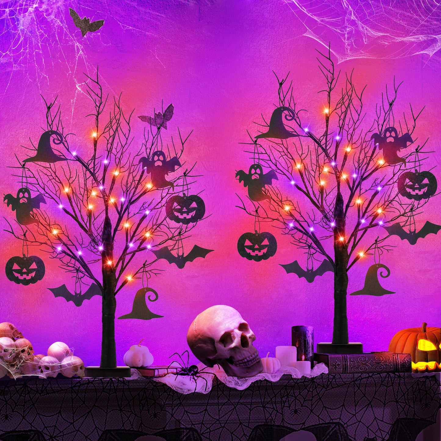 [Timer] 2 Pack 24 Inch Halloween Decorations Indoor, Black Halloween Tree with 24 LED Orange Purple Lights & 16 Pumpkin Bat Ghost Witch Hat, USB/Battery Operated Table Decorations Home Party