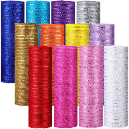 Timgle 12 Rolls 10 Inch Deco Mesh Ribbon for Wreath Making - 120 Yards Total, Metallic Mesh Foil Poly for Spring Summer Crafts, Home Door Wreaths DIY Supplies 30ft Each Roll(Modern Color)