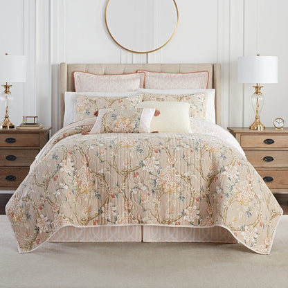 Waverly Peony Gardens 4 Piece Cotton Quilt Set, Embellished All Season Bedding, Includes One Quilt, One Bed Skirt and Two Pillow Shams, Machine Washable King Bed Set, Taupe
