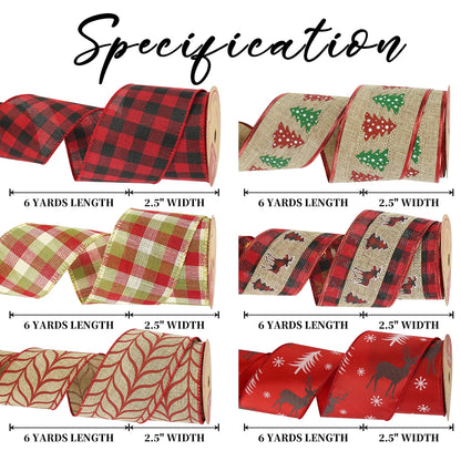 MEEDEE Burlap Wired Ribbon 2.5 Inch 6 Rolls 36 Yards Buffalo Plaid Ribbon for Wreaths, Tree Decorations, Ribbon Garland