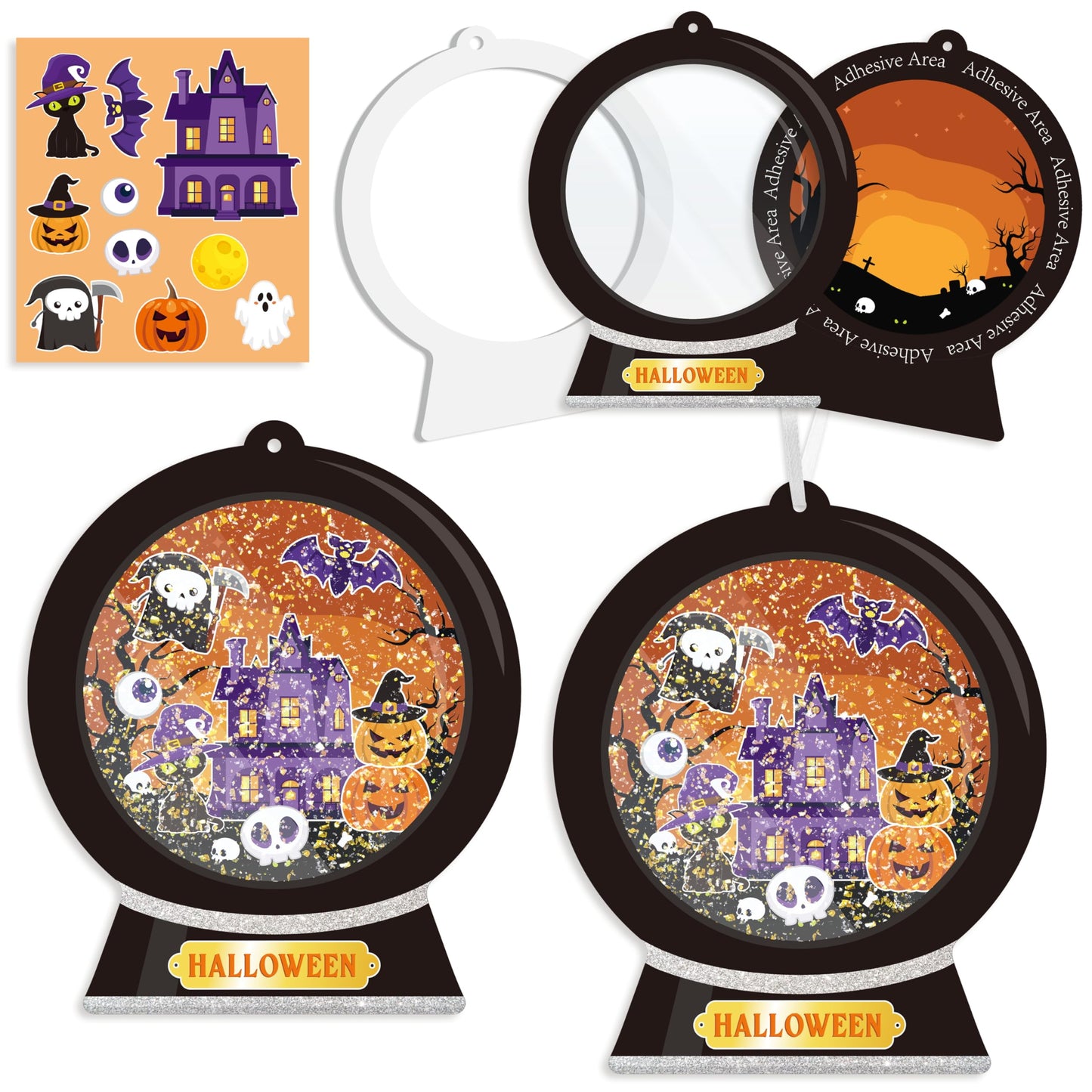 WATINC Halloween Snow Globe Craft Kit - DIY EVA Ghost Pumpkin Scene Crystal Ball Hanging Ornament with Glitter Sequins Sugar Paper, Trick-or-Treat Skeleton Black Cat Party Favor for Home School(24Pcs)