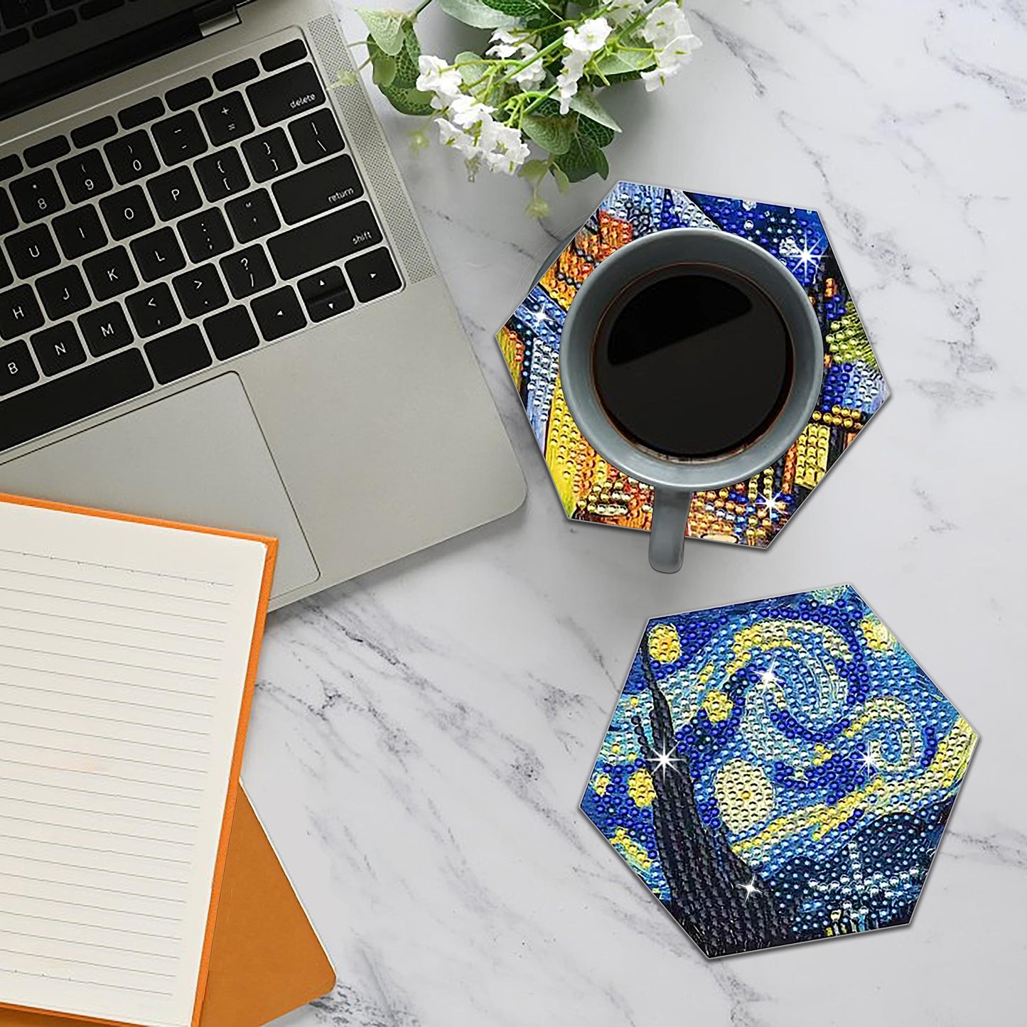 NUFTVI Van Gogh Diamond Painting Coasters Kit with Holder, 5D Full Crystal Diamond Art Coasters Kit for Adults. 6 PCS