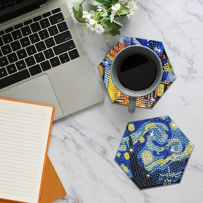 NUFTVI Van Gogh Diamond Painting Coasters Kit with Holder, 5D Full Crystal Diamond Art Coasters Kit for Adults. 6 PCS