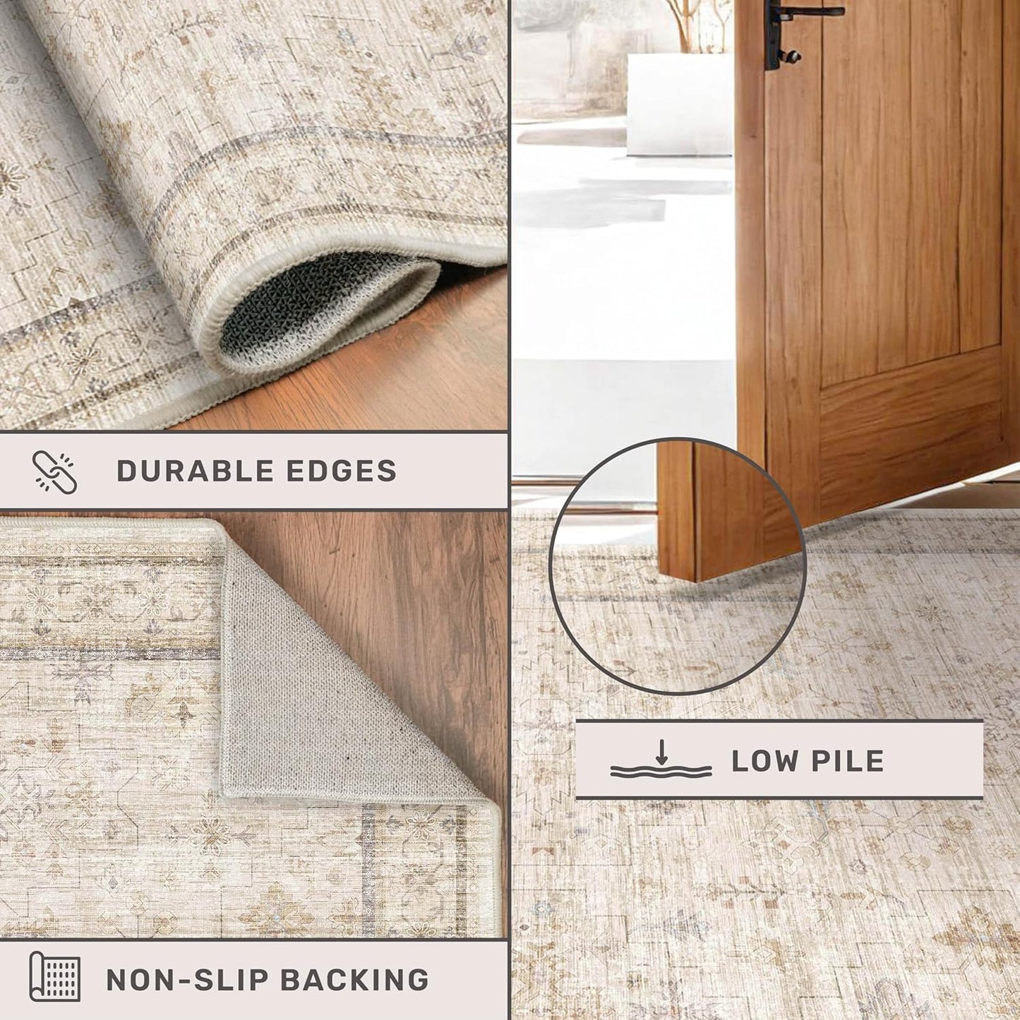 Beige Floral 3x12 Washable Hallway Runner Rug - Non-Slip Low-Pile Vintage Oriental Carpet