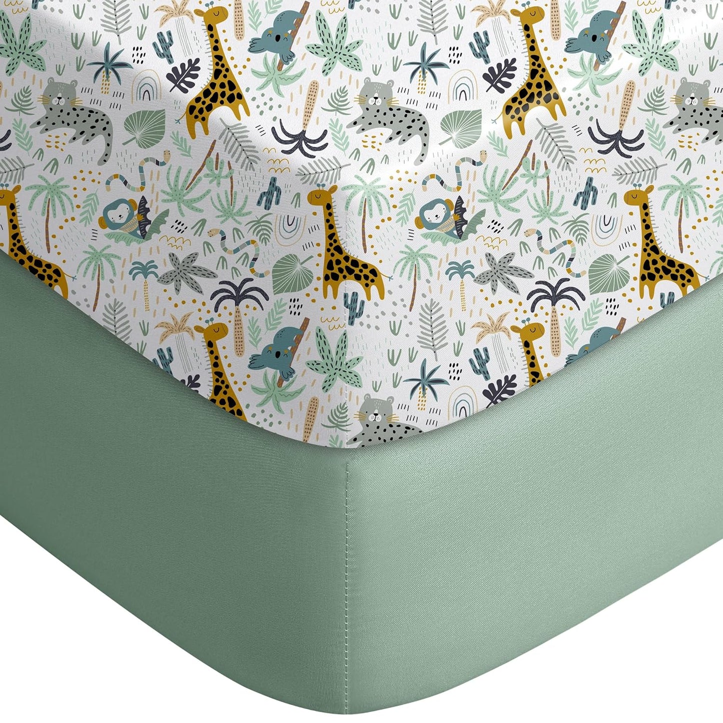 Yoofoss Fitted Pack and Play Sheets - Soft, Breathable Mini Crib Sheets 2-Pack in Green & Giraffe Design