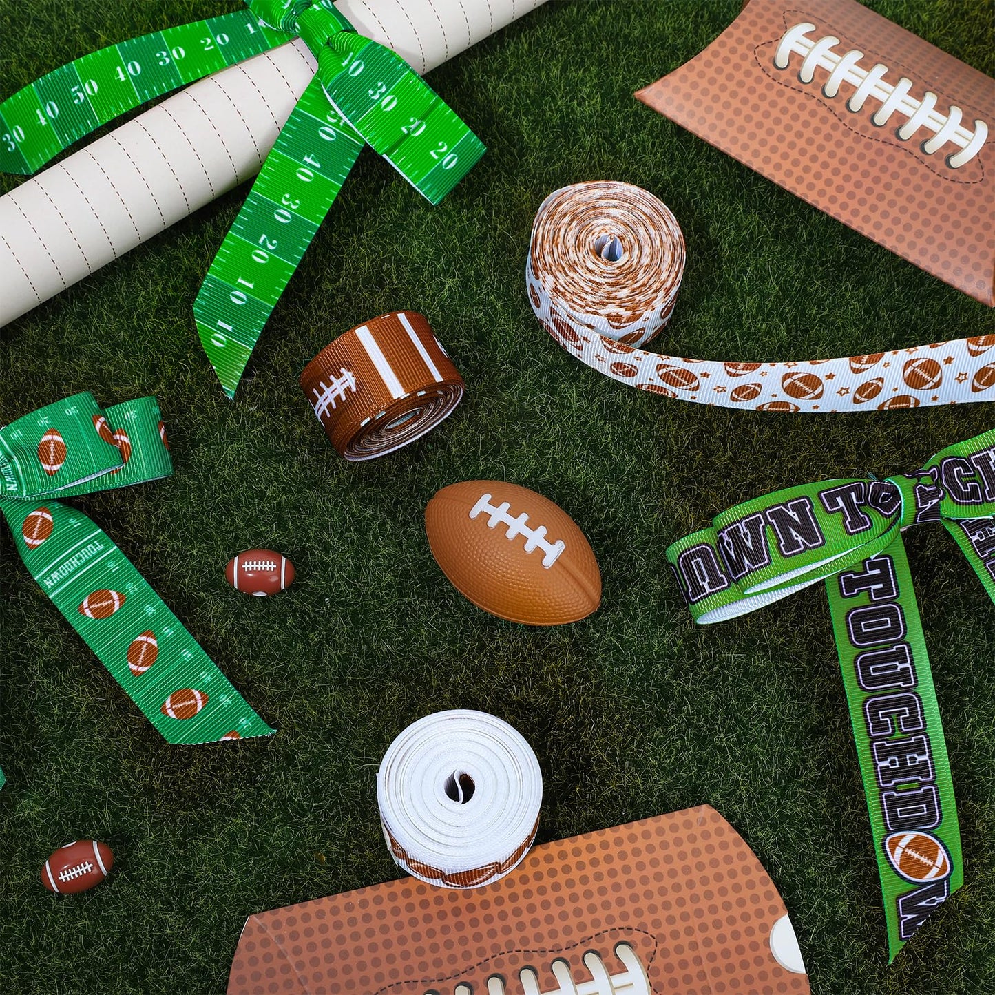 Whaline 6 Rolls Football Grosgrain Ribbon 30 Yards Rugby Ball Field Decorative Fabric Ribbons Team Sports Wrapping Ribbon for Party Decor DIY Bow Wreath Crafts Making, 7/8 Inch