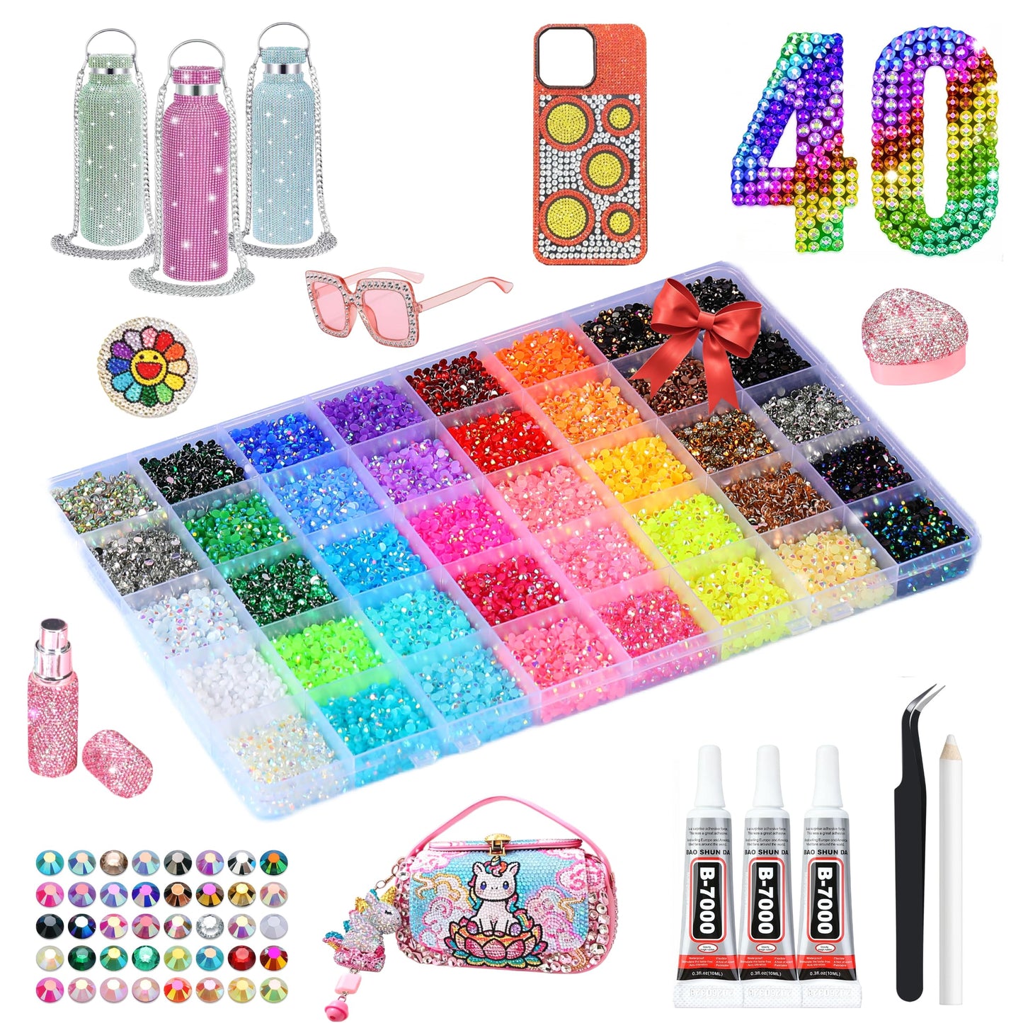 40 Colors Rhinestones Bedazzling Kit, 40000Pcs 3mm Flatback Rhinestones for Bedazzling with B7000 Glue, Tweezer & Pickup Pen, Sparkle Bedazzled Kits for Nail Art DIY Crafts Shoes Phone Case