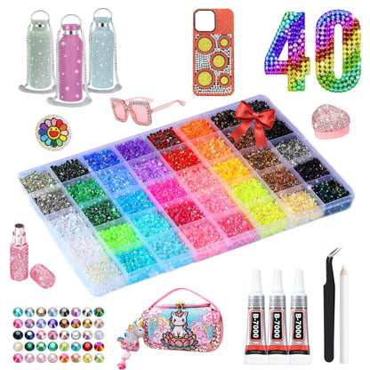 40 Colors Rhinestones Bedazzling Kit, 40000Pcs 3mm Flatback Rhinestones for Bedazzling with B7000 Glue, Tweezer & Pickup Pen, Sparkle Bedazzled Kits for Nail Art DIY Crafts Shoes Phone Case