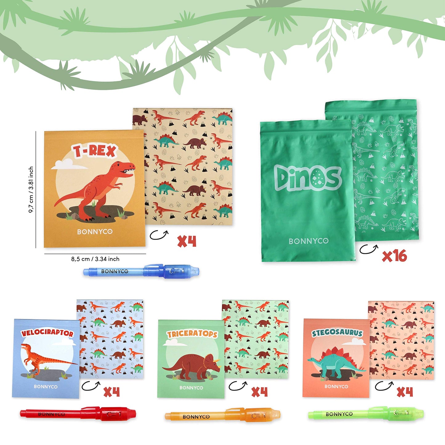 BONNYCO Invisible Ink Pen and Notebook Pack 16, Dinosaur Party Favors for Kids. Magic Spy Pen Goodie Bags Stuffers for Kids, Dinosaur Birthday Party Supplies. Goody Bag Stuffers, Return Gifts Prizes